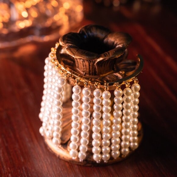 Jewelry - Elegant Faux Pearl Tassel Bracelet Chic Gold Tone Charms Bangle NIB